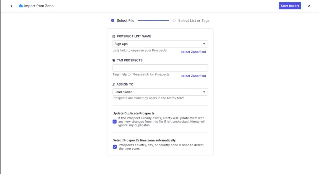 Image representing Klenty Import Zoho filtered leads to custom list